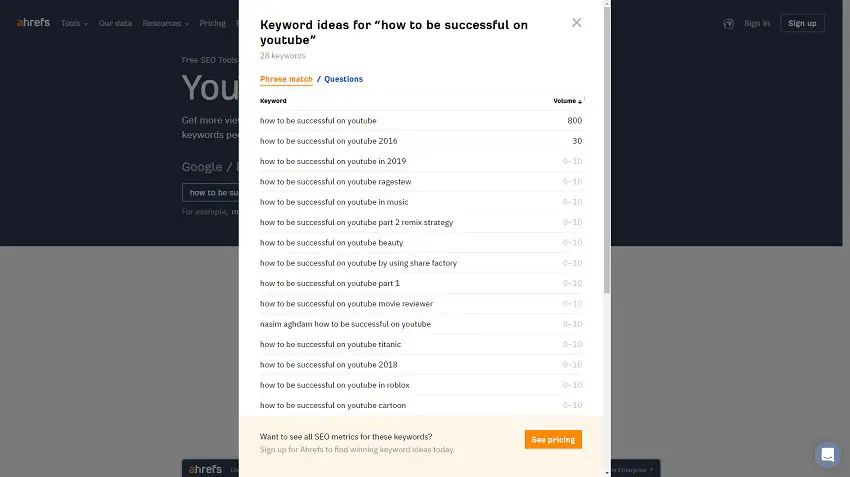 Ahrefs YouTube Keyword Research Tool Result