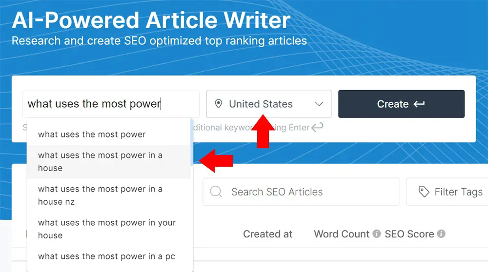 Scalenut Article Writer Focus Keywords and Country Selection